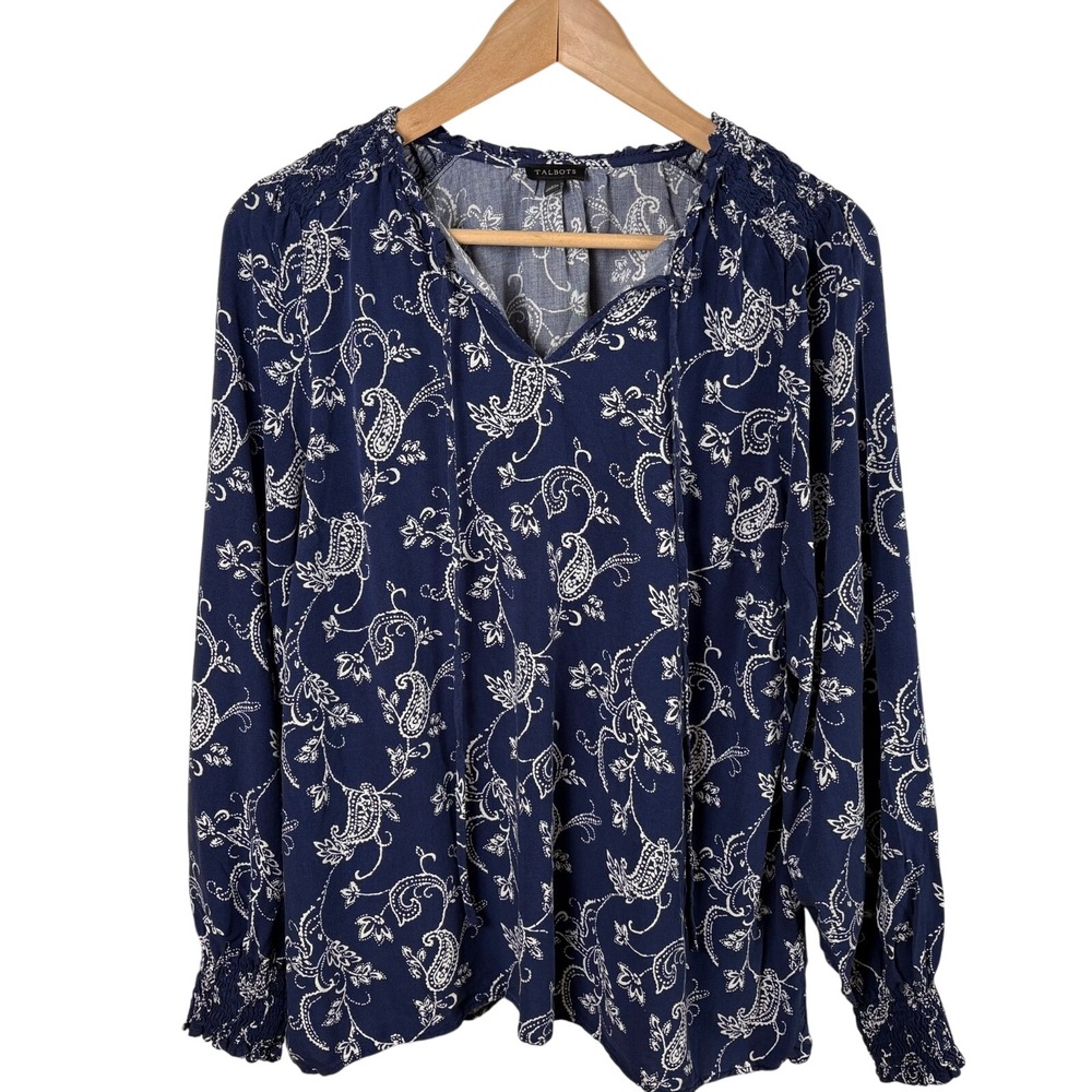 Talbots Paisley Boho Blouse Women's Size M Tassels Smocking‎ Navy Blue White